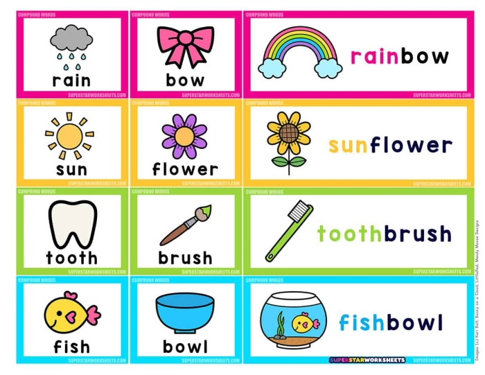 First grade worksheet featuring illustrated exercises for combining two separate words to form new compound words