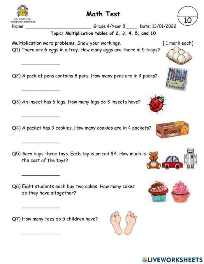 Worksheet image for practicing basic math skills with fun word problems First grade practice test featuring word problems for addition and subtraction