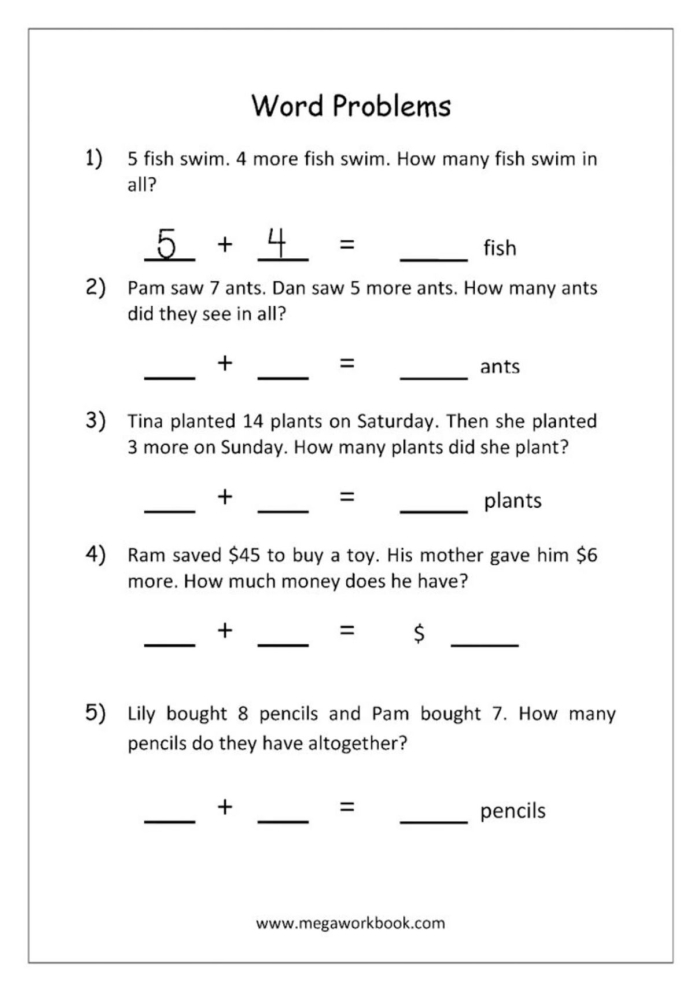 Word Problems Practice Test for First Grade: Worksheet Image 23 Practice Test worksheet featuring addition and subtraction word problems for first graders