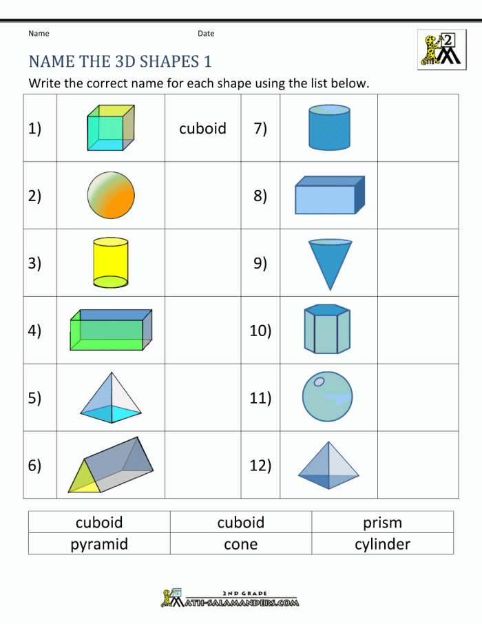 First grade worksheet helping students learn to match two-dimensional and three-dimensional shapes