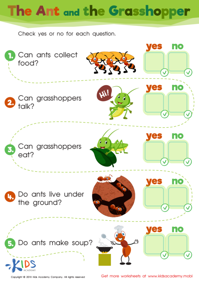 Worksheet featuring Aesop's fable "The Ants and the Grasshopper" for first graders