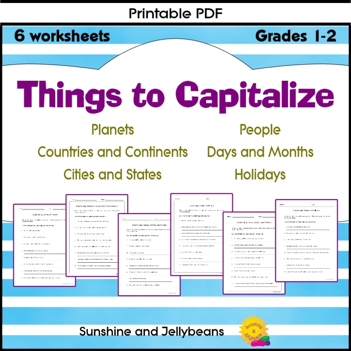 Worksheet for first graders practicing capitalizing proper nouns in sentences