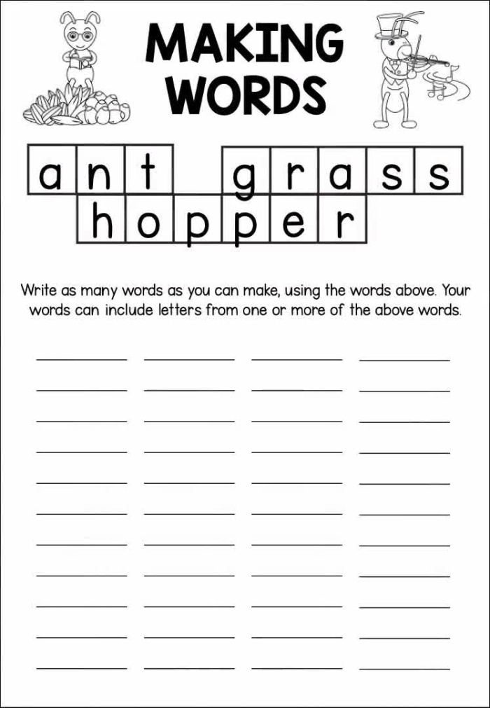 Worksheet featuring Aesop's fable "The Ants and the Grasshopper" with comprehension questions for first graders