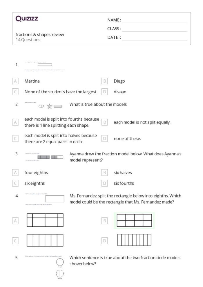 Division worksheet for First Grade Colorful shapes representing 1/4 fractions for first graders to practice. Engaging worksheet image for understanding fractions of shapes.