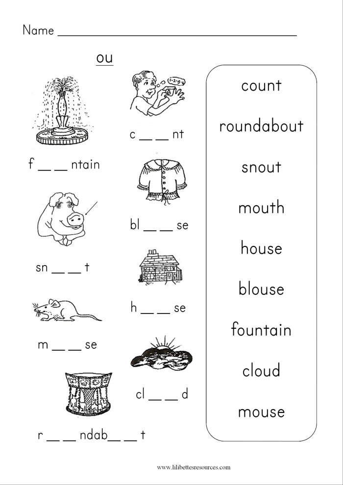 First grade phonics worksheet focusing on the sounds of OW and OU in various words. Engaging spelling activity for early readers to practice word recognition.