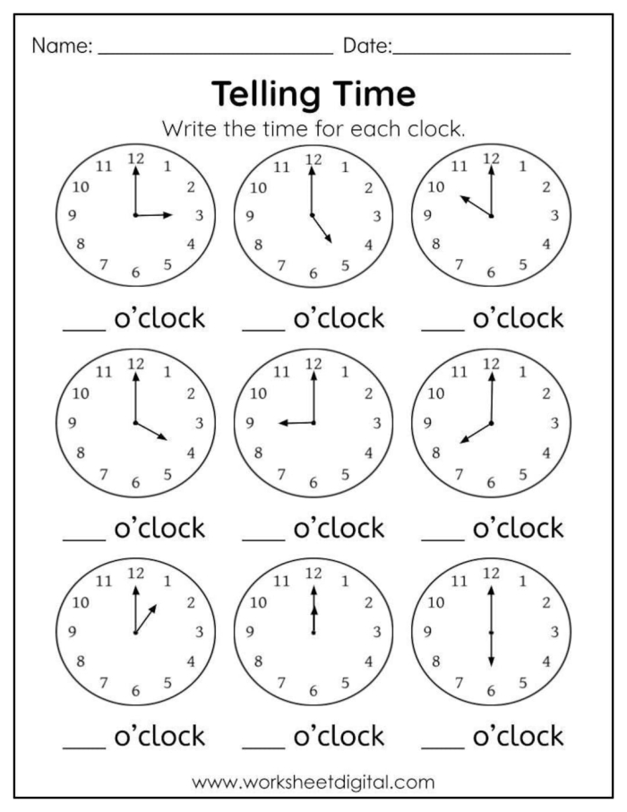 Colorful worksheet for first graders to practice telling time to the hour on an analog clock