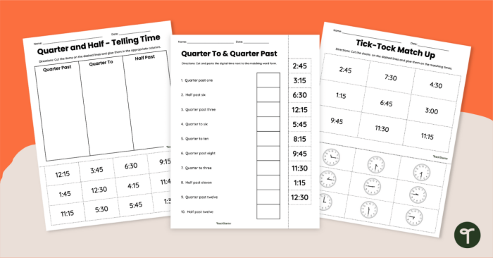 Colorful worksheet for first graders to practice telling time to the hour on an analog clock