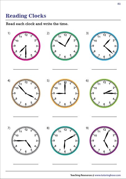 Worksheet for first graders focused on reading analog clocks and telling time
