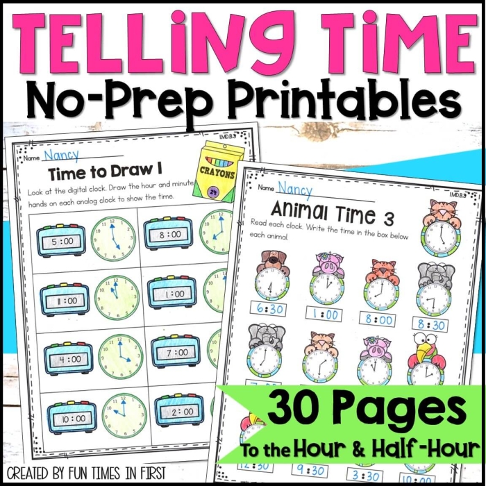 Colorful worksheet for first graders to practice telling time to the hour on an analog clock
