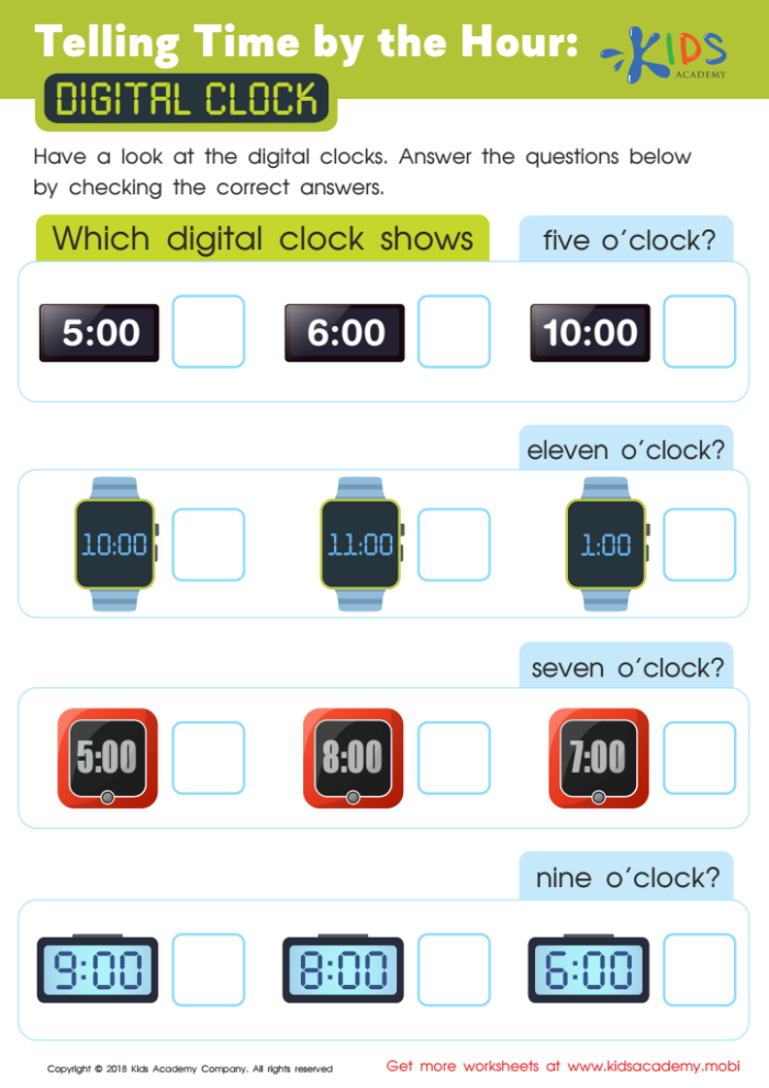 Colorful first-grade worksheet for practicing telling time to the hour on an analog clock