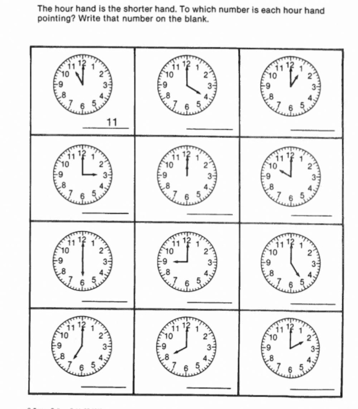 Colorful worksheet for first graders to practice telling time to the hour on an analog clock