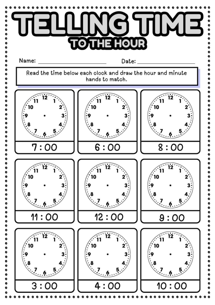 Colorful first-grade worksheet for practicing telling time to the hour on an analog clock