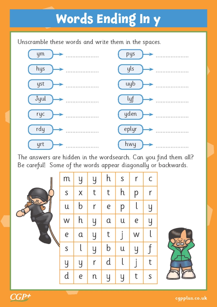 Engaging first-grade worksheet on words ending with the letter y Worksheet featuring words that end in y for first graders to learn sounds