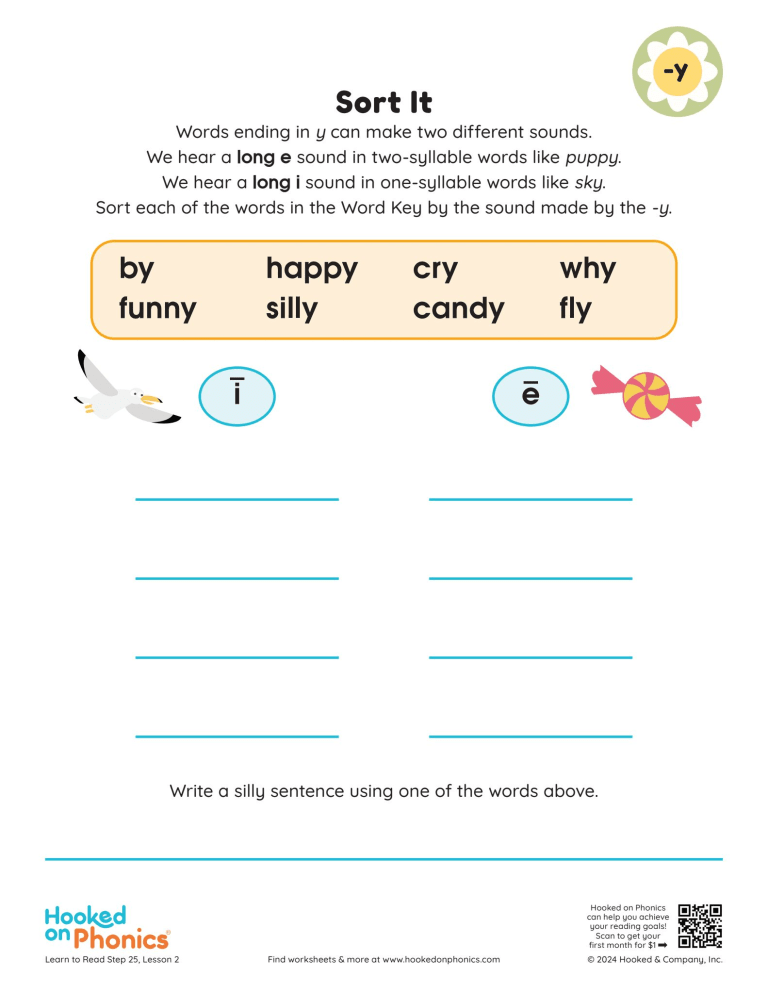 Engaging activity sheet to teach word endings in a fun way Worksheet for first graders focusing on words that end in y and their sounds