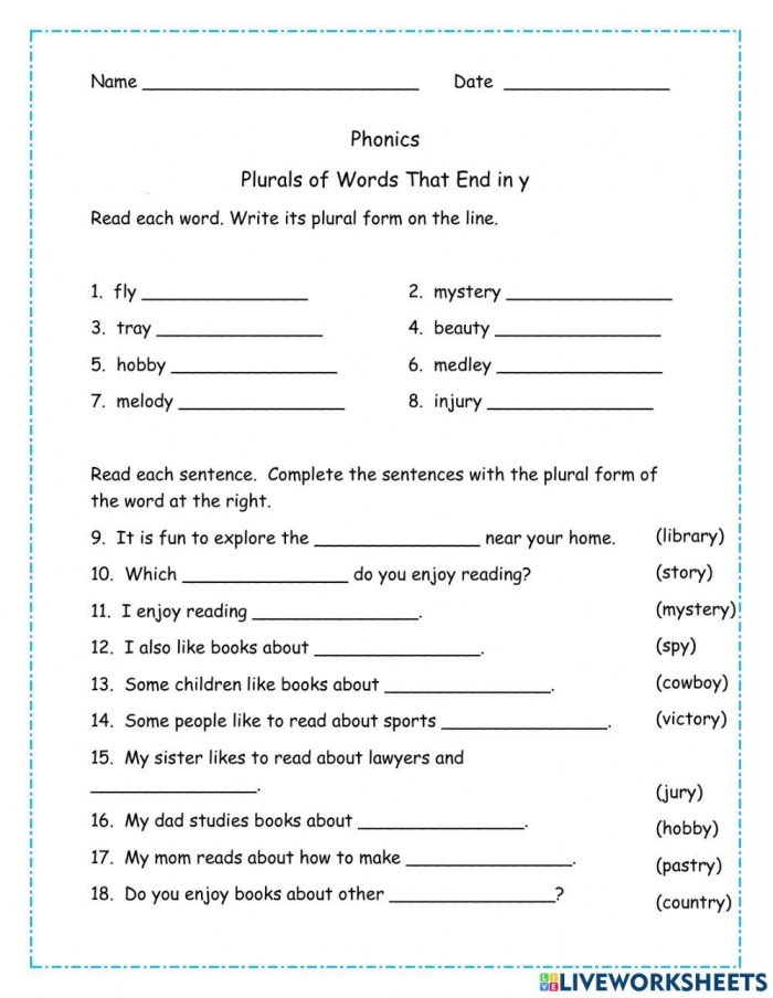 Educational resource image for the Words That End in Y worksheet, number 14 Worksheet for first graders focusing on words that end in 'y' and their sounds