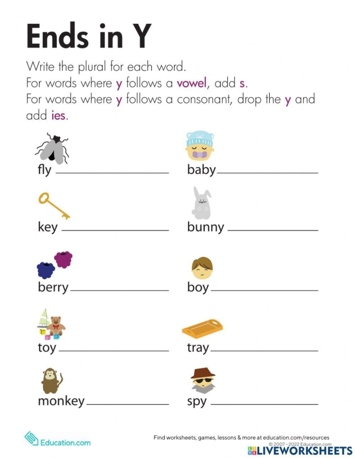 Educational resource for learning about words that end with the letter Y Worksheet for first graders focusing on words ending in Y and their sounds