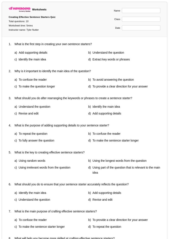 Simple sentence starter activities to help young students develop early writing skills First grade sentence starters worksheet with simple writing prompts for beginning writers