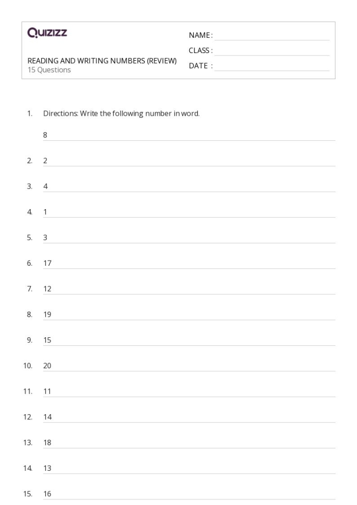 First grade student practicing writing and tracing the numbers eleven through twenty on a math worksheet