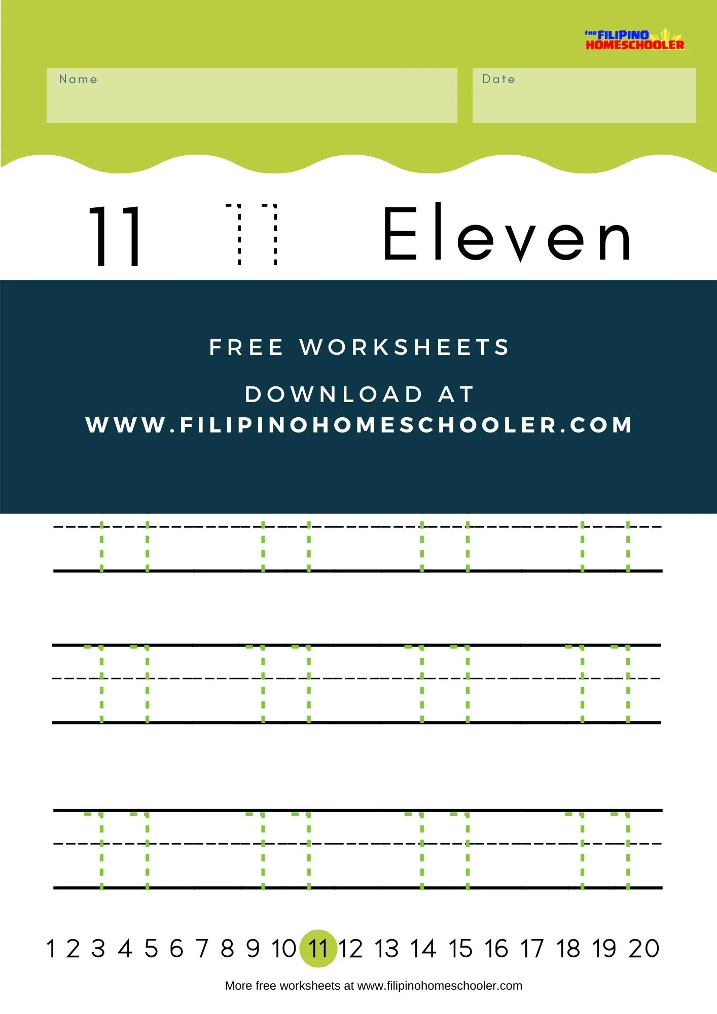 First grade worksheet for practicing how to write numbers from eleven to twenty