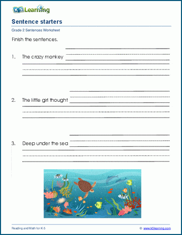 Simple sentence starter ideas for beginning writers in elementary school First grade sentence starters worksheet with colorful word prompts to help young writers begin their sentences