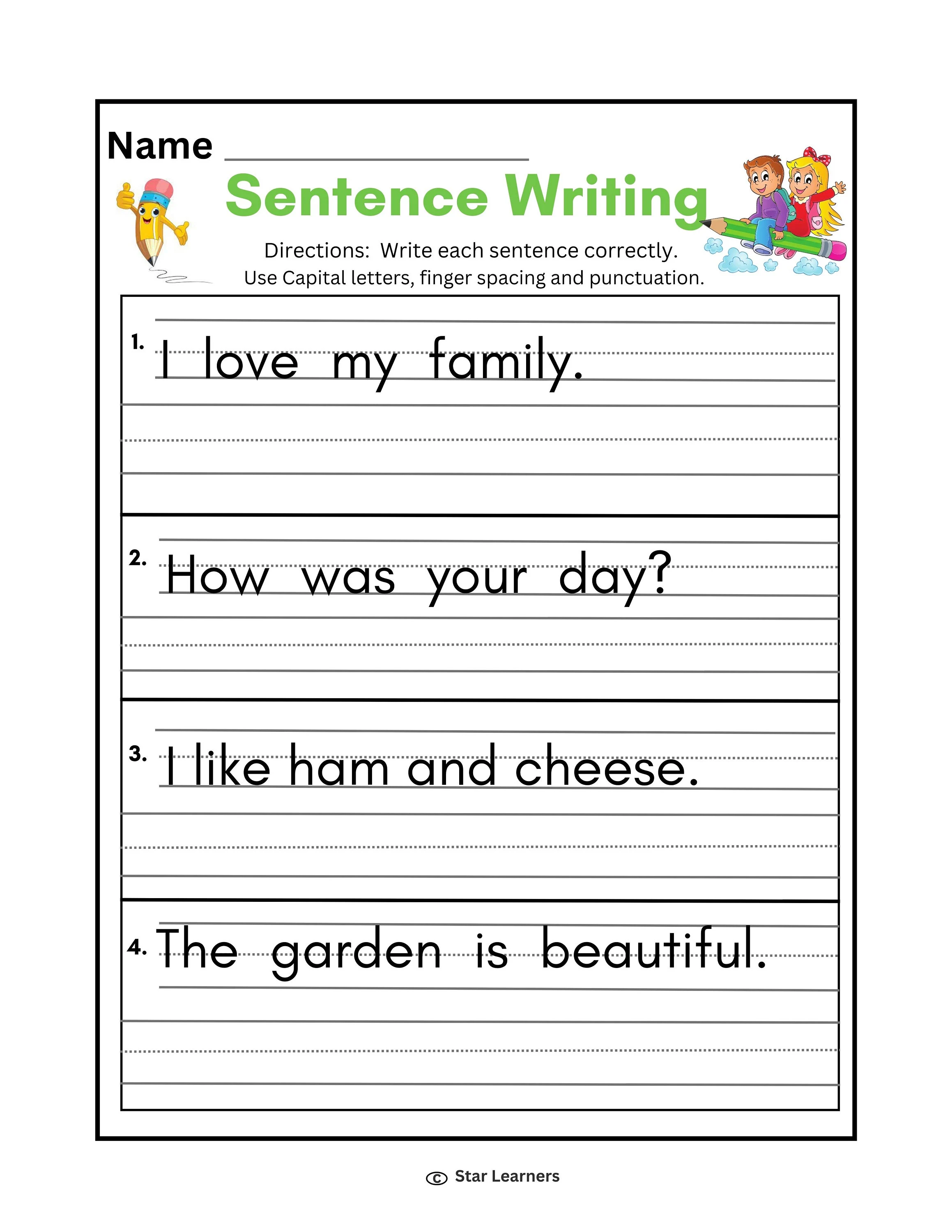 Creative writing worksheet for students to express their thoughts on school topics Worksheet for first graders to practice writing sentences about their favorite school subjects