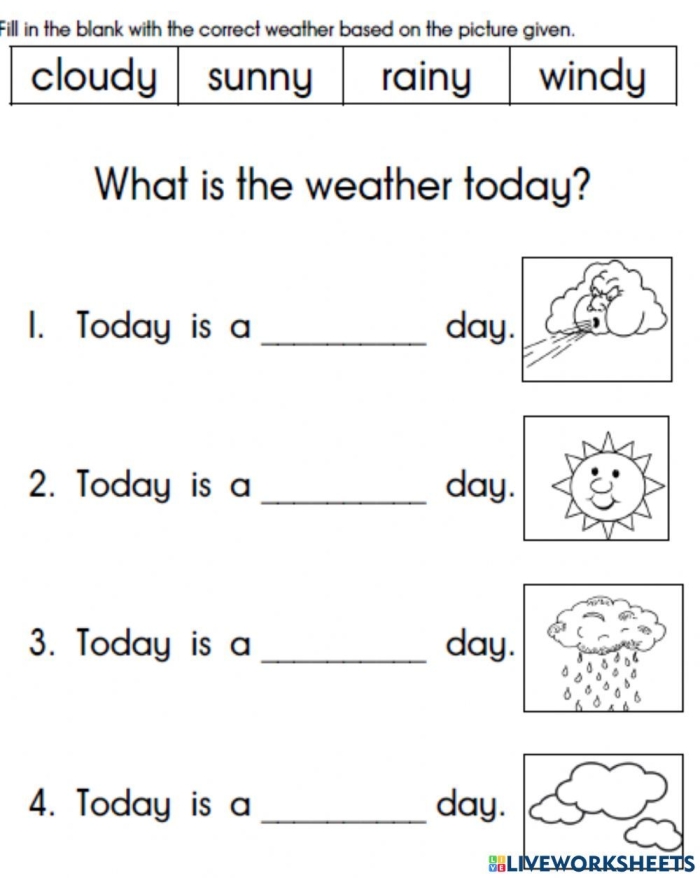 First grade worksheet featuring prompts to write about sunny and rainy weather scenes