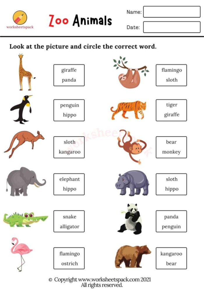 Worksheet image featuring a first-grade activity on zoo animals' locations