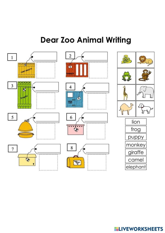 Worksheet image illustrating zoo animals and their locations to engage first graders in learning prepositions. Locations! In the Zoo worksheet for first-grade life science.