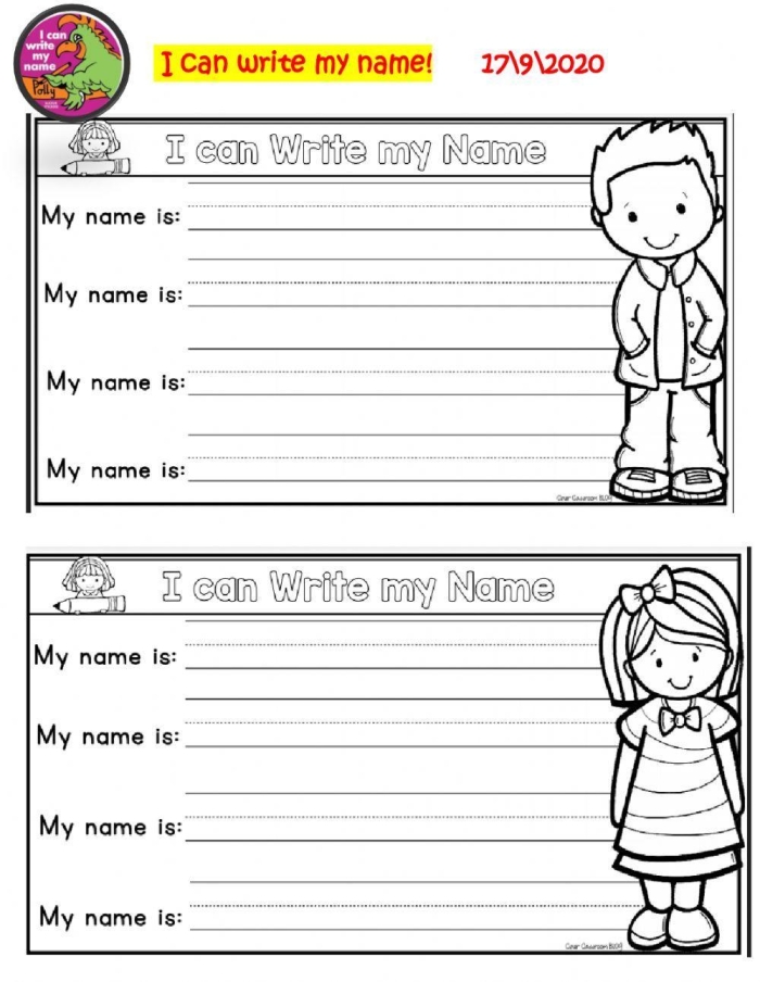 First grade student practicing how to write their full name in cursive on a handwriting worksheet