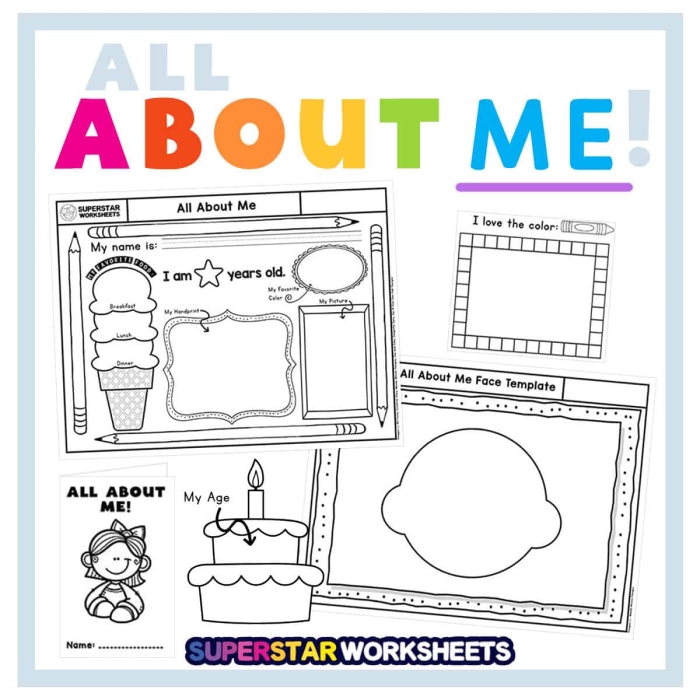 First grade student completing an All About Me worksheet with fraction activities and getting-to-know-you prompts