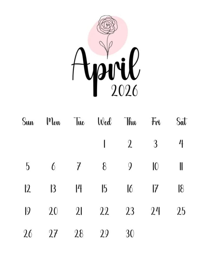 First grade student filling out the April 2026 calendar days and dates worksheet