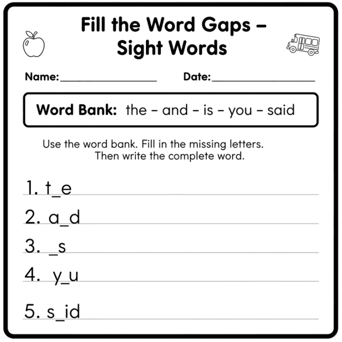 Missing Sight Words Worksheet 15 First Grade Fraction Practice First grade student completing a Missing Sight Words worksheet with a focus on fraction themed sentences
