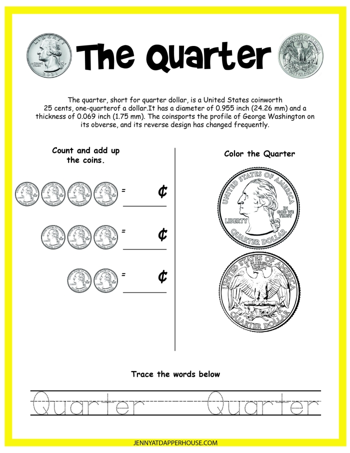First grade student working on a counting coin practice worksheet to add up currency values