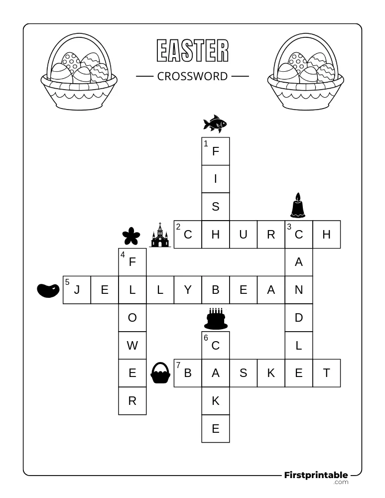 First grade student working on a colorful Easter-themed crossword puzzle worksheet