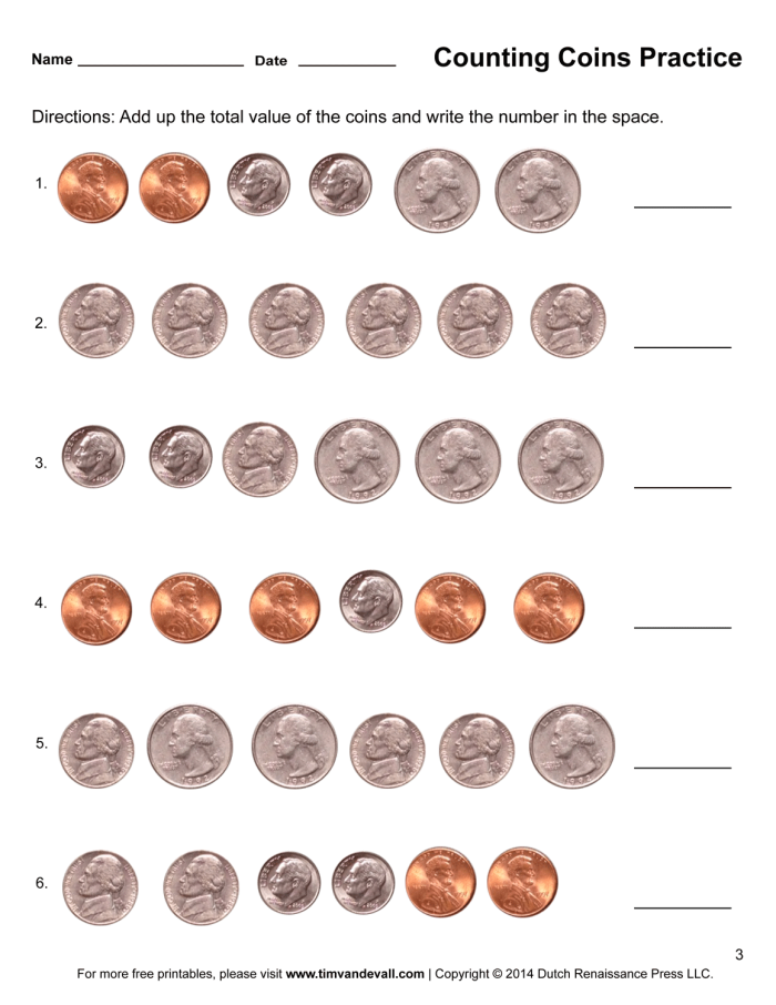 First grade students counting and identifying pennies, nickels, dimes, and quarters to practice money addition skills in Money Mania worksheet