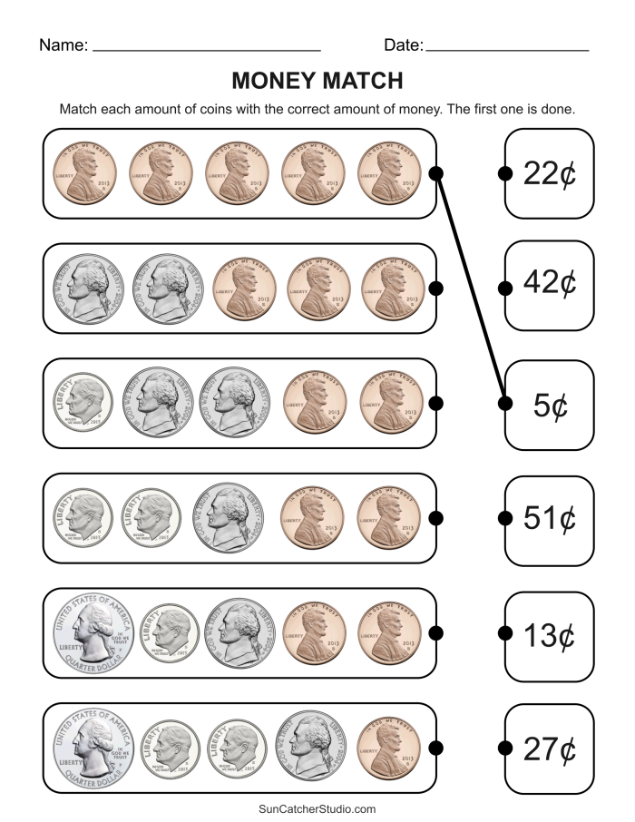 First grade students counting and identifying penny, nickel, dime, and quarter coins on Money Mania worksheet 24