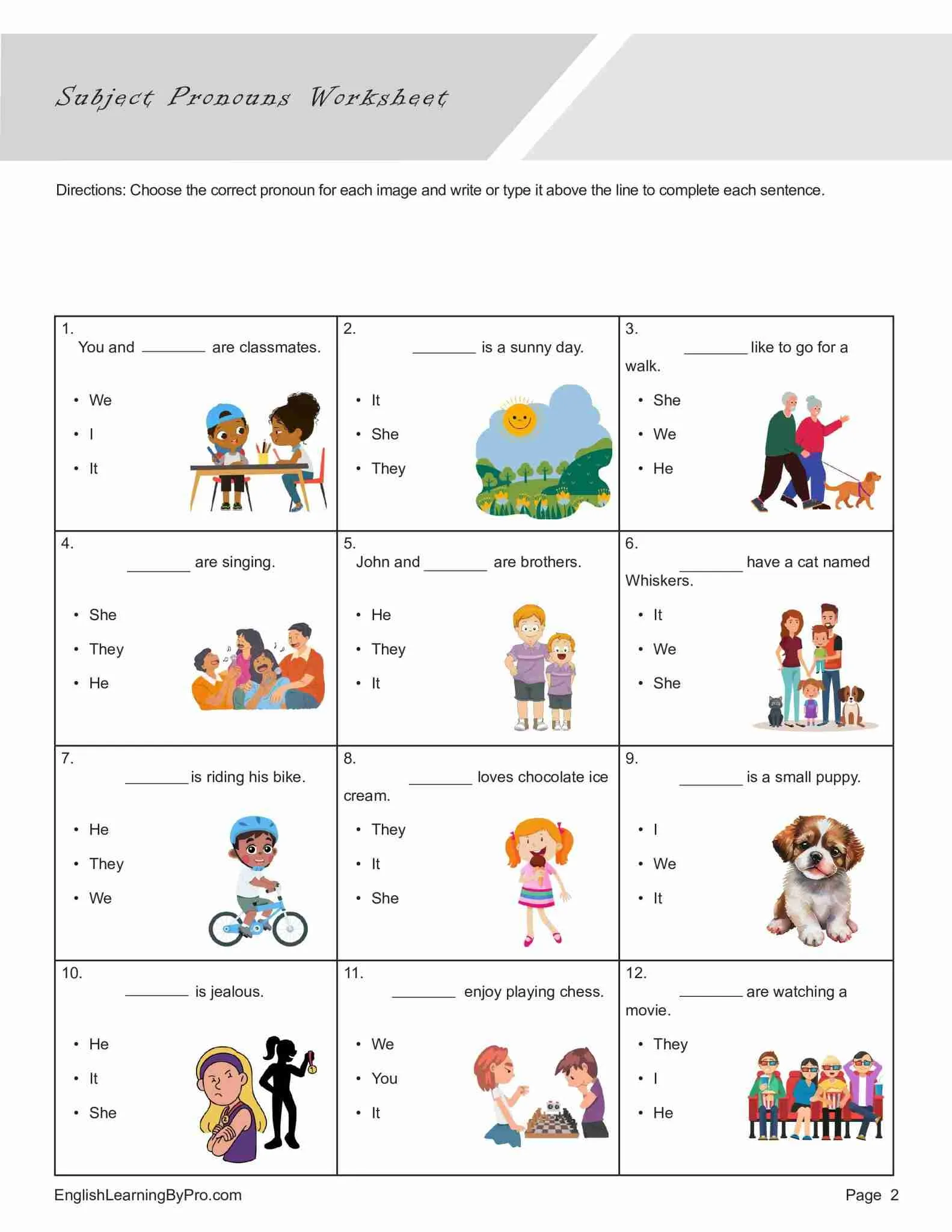 Subject Pronouns for Kids Worksheet 13 First grade colorful worksheet for practicing subject pronouns with illustrated characters