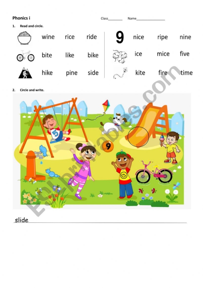 Long i vowel sounds practice worksheet for first grade students First grade student completing a long i phonics worksheet by filling in blanks with words from a word bank