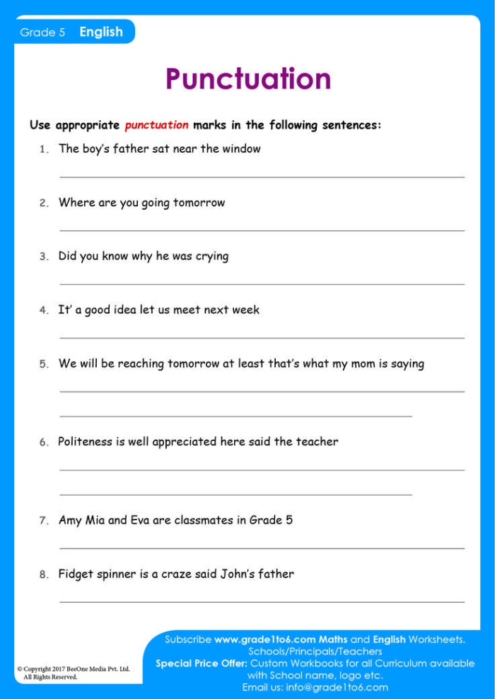 First grade proper punctuation worksheet exercise with sentences showing correct end punctuation marks