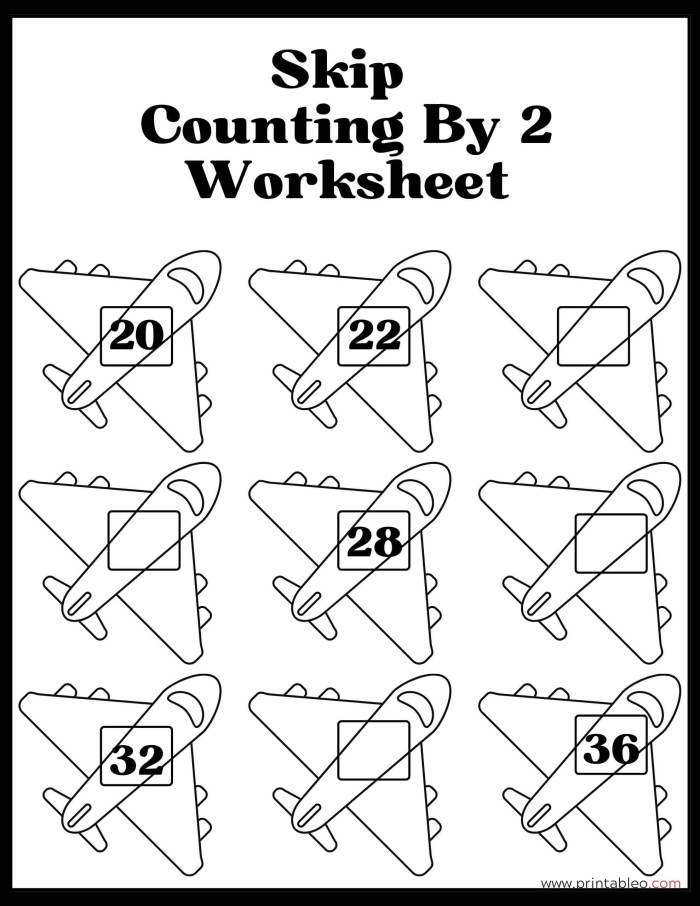 First grade student practicing skip counting by 2s and 5s on a colorful worksheet with number lines and counting exercises