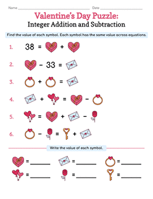 Valentine’s Day Math Puzzle Worksheet Addition and Subtraction Within 20 Image 22 First grade student completing a Valentine’s Day themed addition and subtraction worksheet with math puzzles