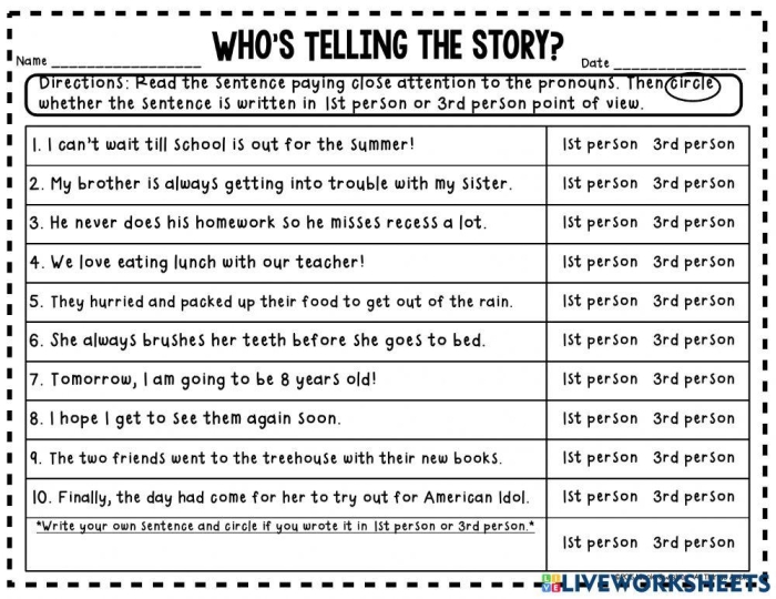 Fourth grade worksheet comparing first and third person narration for civics and government studies