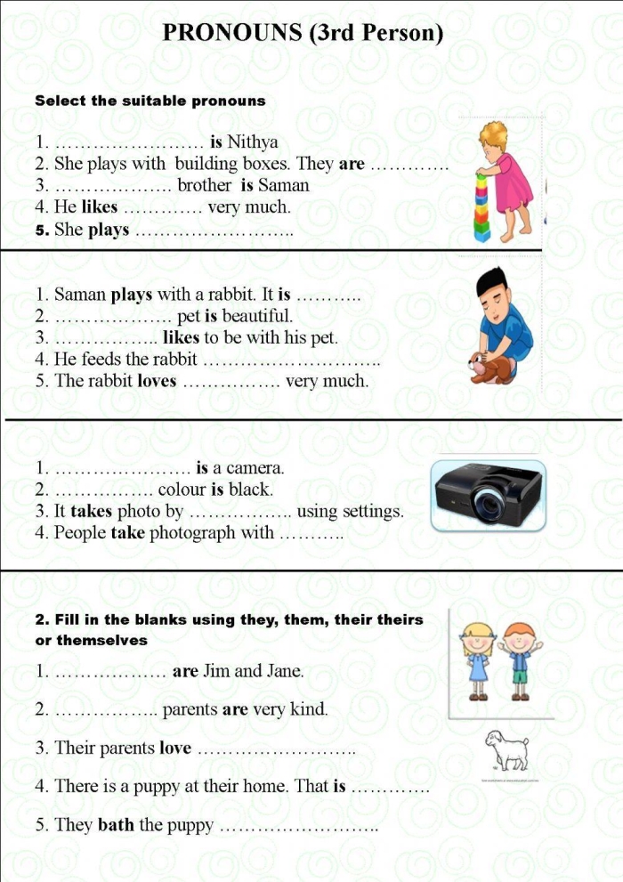 Worksheet illustrating first and third person narration for fourth graders