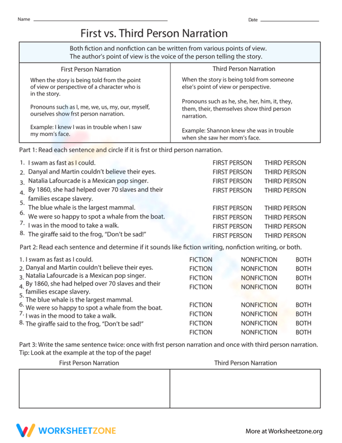Fourth grade worksheet helping students identify first and third person narration and fiction versus nonfiction