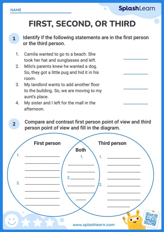 Worksheet for identifying first and third person narration in writing styles