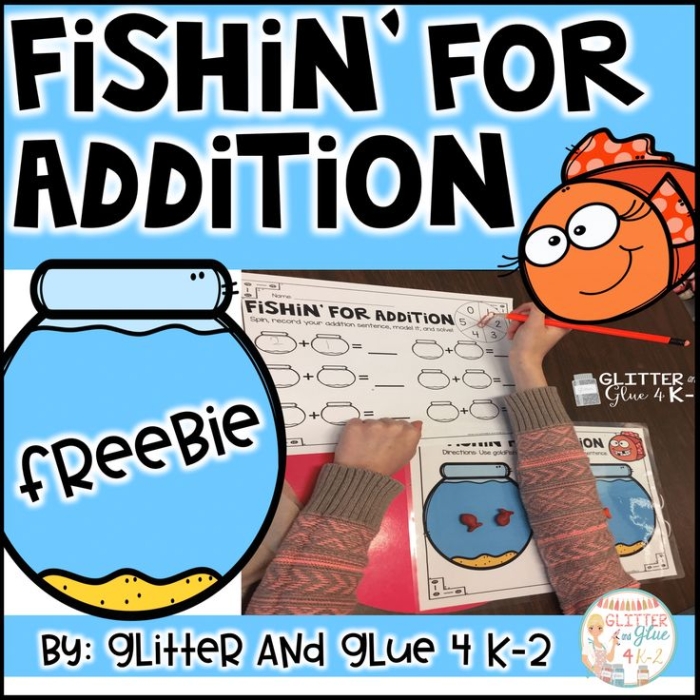 First grade math worksheet featuring colorful fish and addition problems