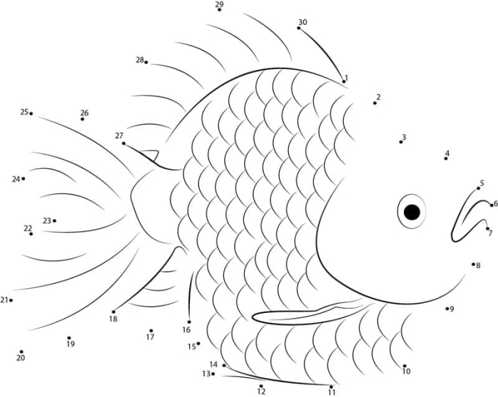 Engaging dot-to-dot activity to practice counting and improve ratio skills in first grade Fish Connect the Dots worksheet for first graders, featuring numbers 1 to 33 to create a fish image
