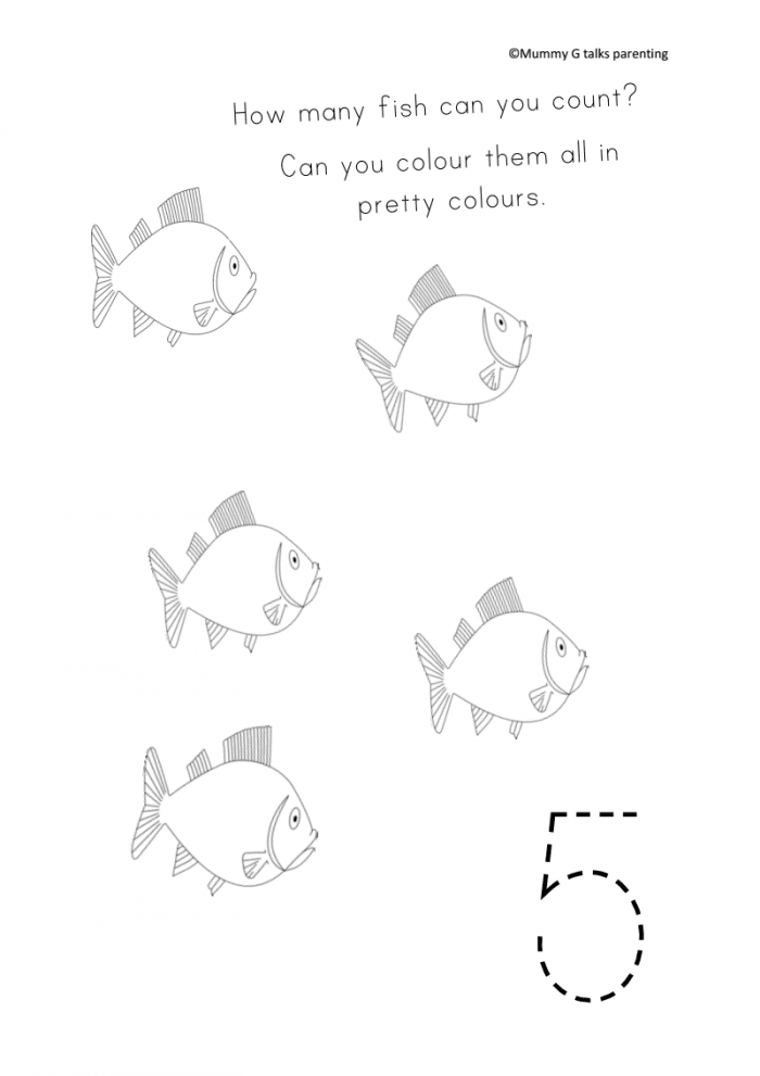 Counting worksheet for preschoolers with a fish theme, designed to enhance addition skills. Fun and colorful fish-themed addition activity for Pre-K children.