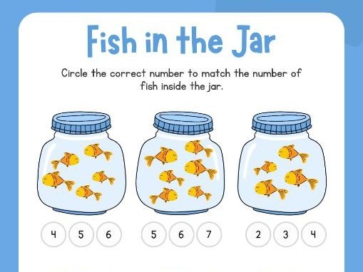 Counting worksheet for preschoolers themed around fish, designed to enhance addition skills. Fun fish-themed counting activity for Pre-K students focusing on how many are there?