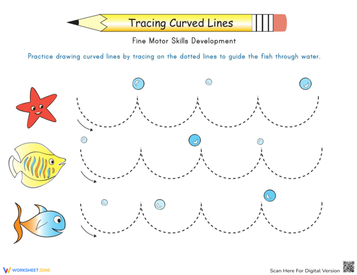 Fish Frenzy tracing worksheet number nine for preschool alphabet practice Pre-K student tracing curved lines between colorful fish on a worksheet
